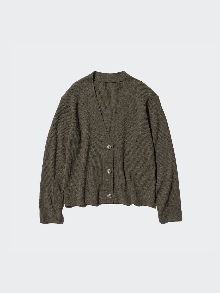Washable Knit Ribbed Cardigan In Dark Green By Uniqlo, Size L